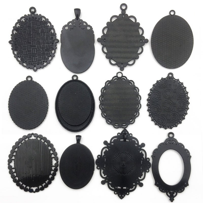 iloveDIYbeads 10 قطع 30x40 مم حامل قلادة بيضاوي أسود فارغ قاعدة إعدادات كابوشون (M117) - Image 2